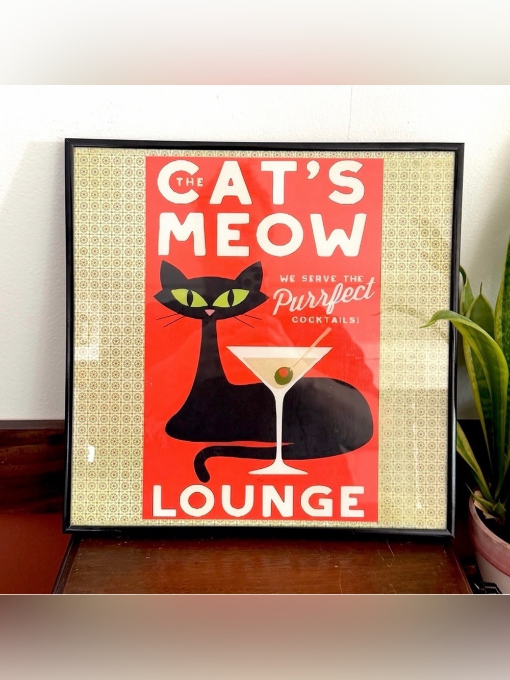 Cat’s Meow Lounge Retro Atomic Black Cat Cocktails Canvas Art Print Framed Art